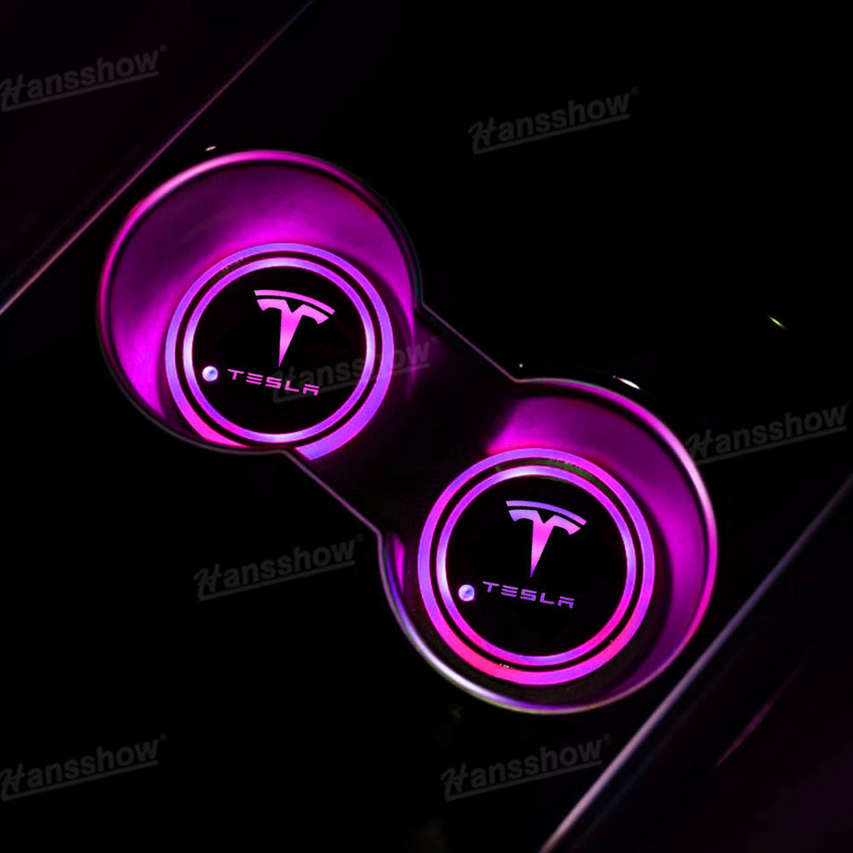 LED Cup Holder Lights Mats for Model Y/Y Juniper & Model 3/3 Highland Dual Cupholder 7-Color Illuminated Cup Pads for Tesla