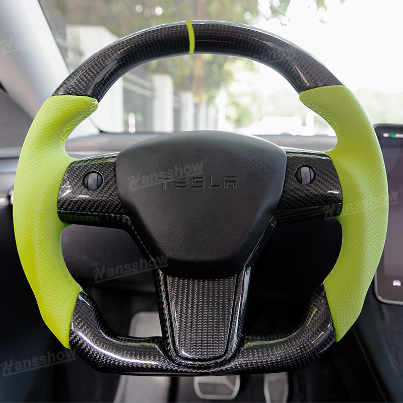 Model Y/3 Real Carbon Fiber+Perforated Leather D-Shaped Steering Wheel In Green for Tesla|Hansshow