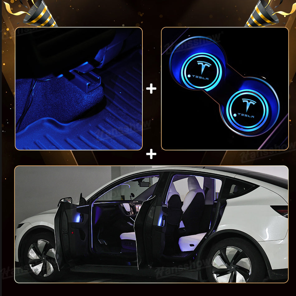 Model Y Juniper Interior Ambient Lighting Kit RGB USB-C Rear Screen Ambient Lighting & Door LED Strip Lights & LED Cup Holder Lights Mats