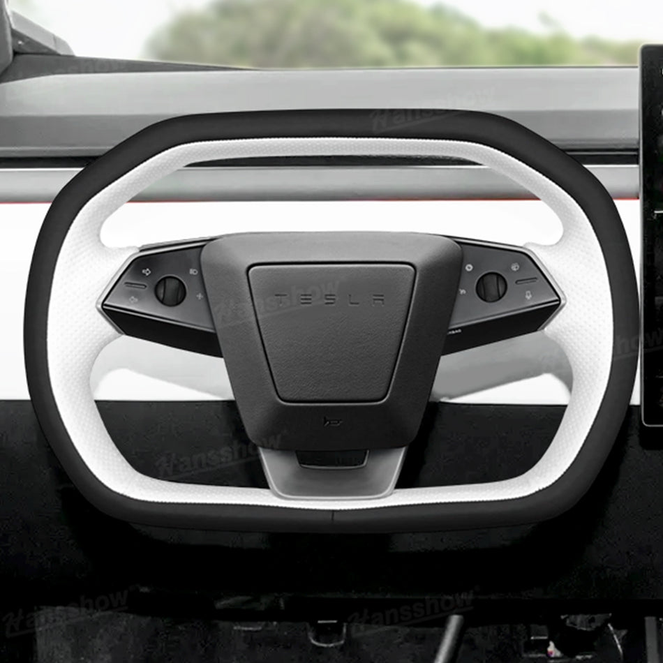 Cybertruck DIY Hand Stitching Steering Wheel Cover Dual-Tone Black White Nappa Leather Protective Custom Fit