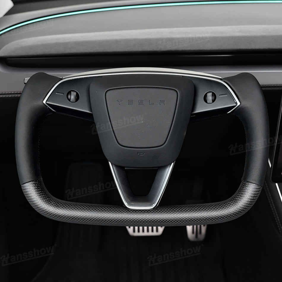 Model Y Juniper Yoke Steering Wheel Dual-Side Black Nappa Leather with Lower Real Carbon Fiber Trim