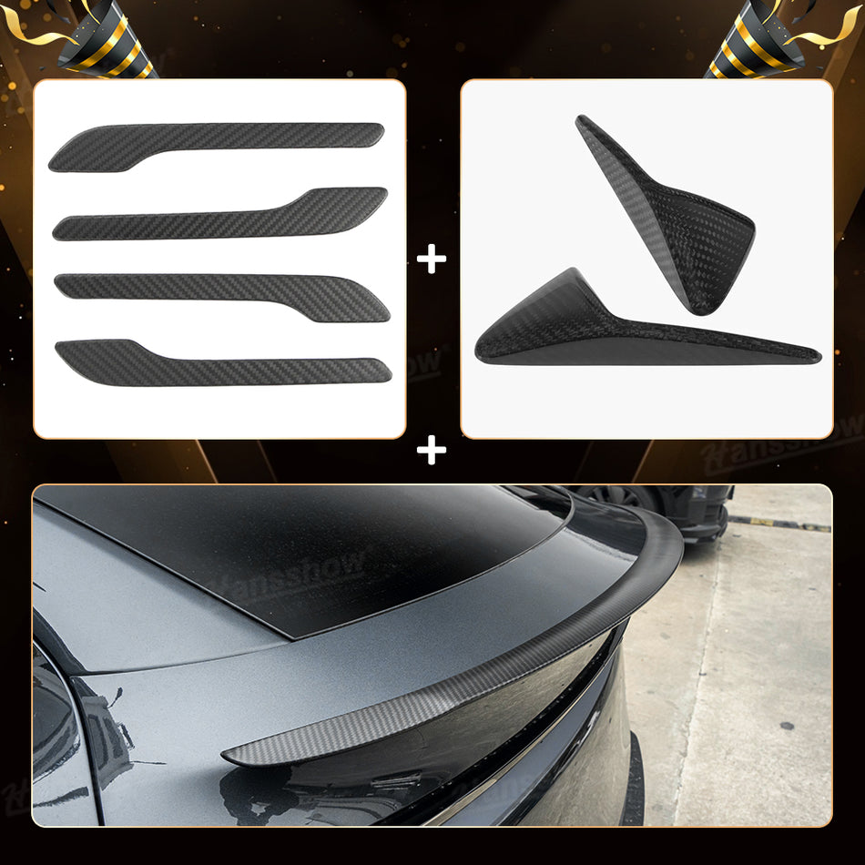 Model Y Juniper Real Carbon Fiber Kit Door Handle Cover & Side Camera Turn Signal Cover & Tail Spoiler Wing