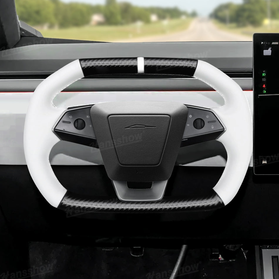 Cybertruck DIY Hand Stitching Steering Wheel Cover with Upper Lower Carbon Fiber & Nappa Leather Side Grips