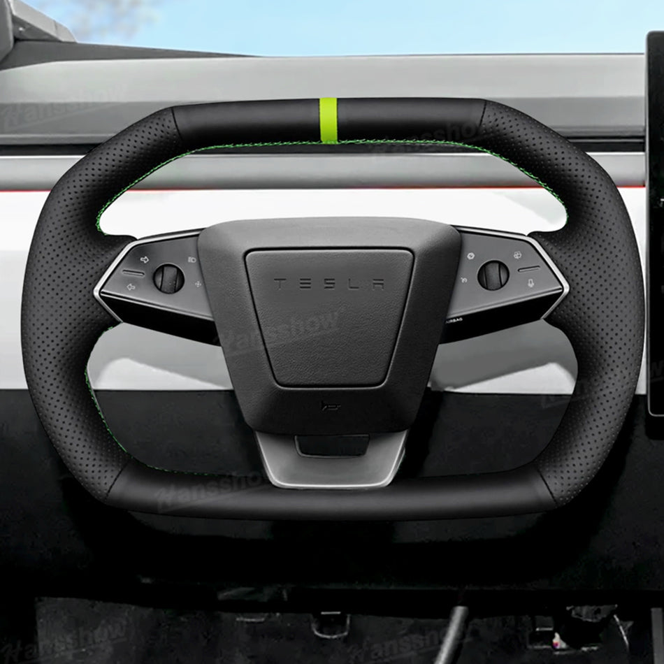 Cybertruck DIY Hand Stitching Steering Wheel Cover Black Nappa Leather with Perforated Leather Sides & Top Center Marker