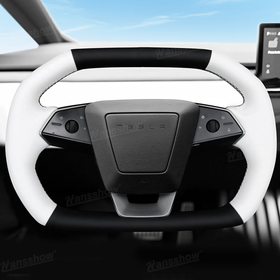 Cybertruck DIY Hand Stitching Steering Wheel Cover Black Top & Bottom Dual-Tone Nappa Leather Custom Fit Upgrade