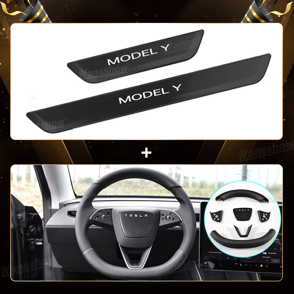 Model Y Juniper Protector Kit LED Illuminated Welcome Pedal Door Sill Protector & Steering Wheel Trim Kit