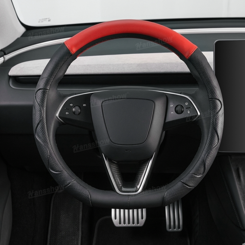 Model Y Juniper/3 Highland Steering Wheel Cover Snap-On PU Leather Black & Red Sport Style Anti-Slip Protection