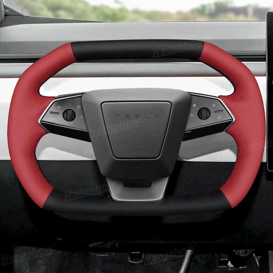 Cybertruck DIY Hand Stitching Steering Wheel Cover Black Top & Bottom Dual-Tone Nappa Leather Custom Fit Upgrade